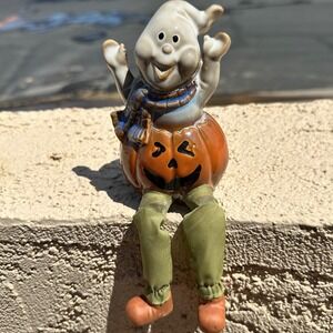 Ceramic Ghost on Pumpkin Shelf Sitter Halloween Decor Orange White Fabric Legs‎